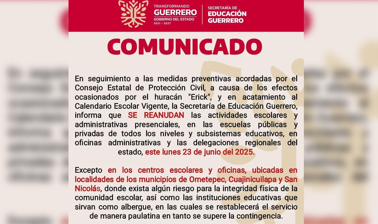 Tras Huracán Erick Guerrero regresa a clases este lunes; a excepción de Cuajinicuilapa, San Nicolás y Ometepec