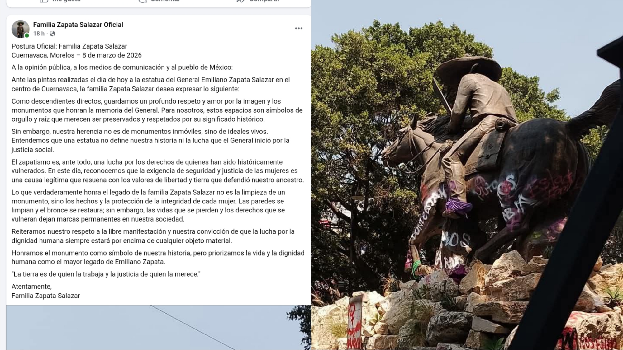 Respaldan descendientes de Emiliano Zapata  protesta por derechos de las mujeres tras pintas a monumento